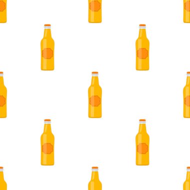 Bira fabrikası için kapaklı dikişsiz bira şişeleri üzerine resim. Beyaz arka planda birbirinin aynı cam şişelerden oluşan patern birası. Cam şişeler bira gurmesi için ana aksesuar..