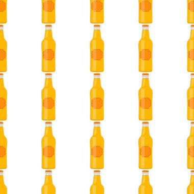 Bira fabrikası için kapaklı dikişsiz bira şişeleri üzerine resim. Beyaz arka planda birbirinin aynı cam şişelerden oluşan patern birası. Cam şişeler bira gurmesi için ana aksesuar..