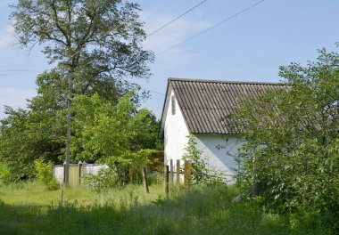 Doğal arka planda terk edilmiş güzel bir çiftlik evi. Fotoğraf, yabani otların oradaki terk edilmiş çiftlik evinden oluşuyor. Gökyüzünde terk edilmiş eski bir çiftlik evi..