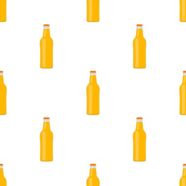 Bira fabrikası için kapaklı dikişsiz bira şişeleri üzerine resim. Beyaz arka planda birbirinin aynı cam şişelerden oluşan patern birası. Cam şişeler bira gurmesi için ana aksesuar..