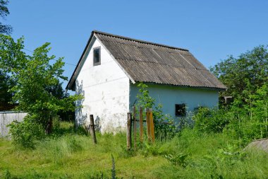 Doğal arka planda terk edilmiş güzel bir çiftlik evi. Fotoğraf, yabani otların oradaki terk edilmiş çiftlik evinden oluşuyor. Gökyüzünde terk edilmiş eski bir çiftlik evi..