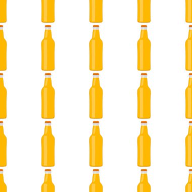 Bira fabrikası için kapaklı dikişsiz bira şişeleri üzerine resim. Beyaz arka planda birbirinin aynı cam şişelerden oluşan patern birası. Cam şişeler bira gurmesi için ana aksesuar..