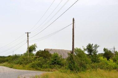 Doğal arka planda terk edilmiş güzel bir çiftlik evi. Fotoğraf, yabani otların oradaki terk edilmiş çiftlik evinden oluşuyor. Gökyüzünde terk edilmiş eski bir çiftlik evi..