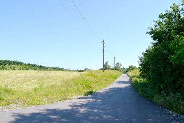 Renkli arka planda, kırsal alanda güzel boş asfalt yol. Fotoğrafçılık, kırsal kesimden geçen yeni boş asfalt yolu içeriyor. Yeşillik kırsalında hız aracı için boş asfalt yol