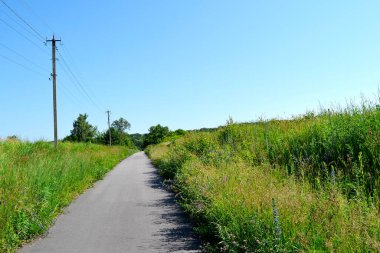 Renkli arka planda, kırsal alanda güzel boş asfalt yol. Fotoğrafçılık, kırsal kesimden geçen yeni boş asfalt yolu içeriyor. Yeşillik kırsalında hız aracı için boş asfalt yol