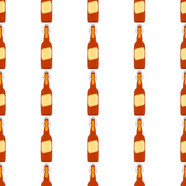Bira fabrikası için kapaklı dikişsiz bira şişeleri üzerine resim. Beyaz arka planda birbirinin aynı cam şişelerden oluşan patern birası. Cam şişeler bira gurmesi için ana aksesuar..