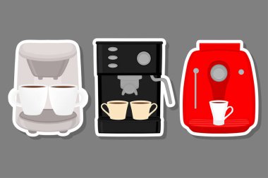 İllüstrasyon renkli tema büyük kahve makine, farklı boyut makineleri farklı türleri ayarlayın. Kahve makinesi desen koleksiyonu aksesuarı Maker oluşan. Taze kahve makinesi, kahve makinesi.