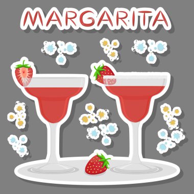Alkol kokteyl margarita berry çilek dan için vektör simge illüstrasyon logo. Tam cam bardak çilek şeffaf kokteyl ile oluşan margarita. Kokteyl cam buz küpleri