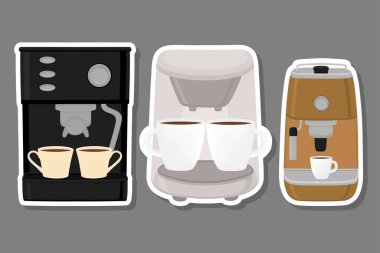 İllüstrasyon renkli tema büyük kahve makine, farklı boyut makineleri farklı türleri ayarlayın. Kahve makinesi desen koleksiyonu aksesuarı Maker oluşan. Taze kahve makinesi, kahve makinesi.