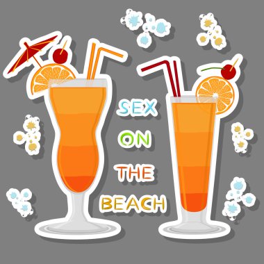 Vektör çizim logo için alkol kokteyller sex sahilde. Turuncu desen dolu cam bardak ile katmanlı yaz kokteyl, oluşan dilimlenmiş portakal. Portakal suyu gelen sahilde kokteyl seks.