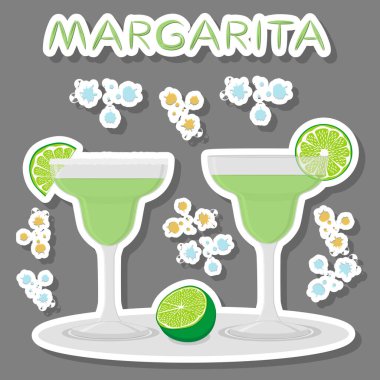 Alkol kokteyl margarita düşük narenciye kireç için vektör simge illüstrasyon logo. Tam cam fincan yeşil limes şeffaf kokteyl ile oluşan margarita. Kokteyl cam buz küpleri.