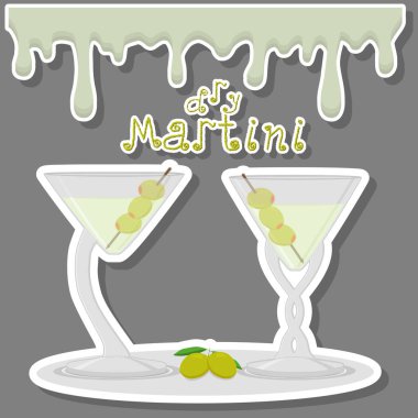 Soyut vektör simge illüstrasyon logo alkol kokteyller martini için. Martini desen dolu cam bardak şeffaf kokteyl, dilimlenmiş zeytin, buz küpleri ile oluşan. Kokteyl martini yeşil zeytin