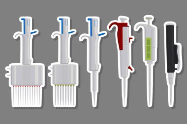 Tema üzerine illüstrasyon büyük kiti farklı tıbbi pipo, laboratuvar için damlatıcı. Arka planda birçok laboratuvar tıbbi pipetinden oluşan patern düşürücü. Laboratuvardan tıbbî pipet.
