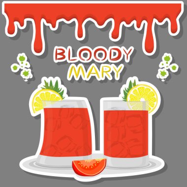 Alkol kokteyl bloody mary dilimlenmiş domates için vektör simge illüstrasyon logo. Bloody Mary tam cam fincan kereviz sebze kokteyl ile oluşan. Kokteyl domates suyu buz küpleri.