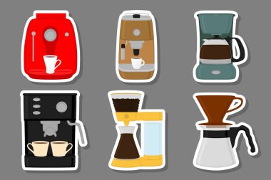 İllüstrasyon renkli tema büyük kahve makine, farklı boyut makineleri farklı türleri ayarlayın. Kahve makinesi desen koleksiyonu aksesuarı Maker oluşan. Taze kahve makinesi, kahve makinesi.