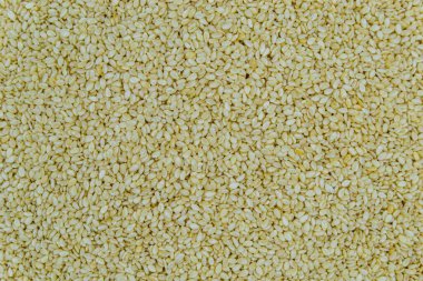 Market tezgahında pek çok lezzetli yaz susamı tohumu, taze ham susam tohumlarından oluşan lezzetli organik yiyecekler, yakından, arka planda doğal susam tohumlarından oluşan güzel dokular.