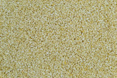 Market tezgahında pek çok lezzetli yaz susamı tohumu, taze ham susam tohumlarından oluşan lezzetli organik yiyecekler, yakından, arka planda doğal susam tohumlarından oluşan güzel dokular.