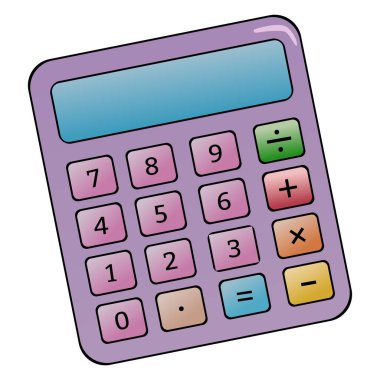 Beyaz arkaplanda renkli düğmeleri olan mor renkli bir çizgi film hesap makinesi