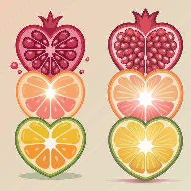 Kalp şeklinde meyve dilimleri, nar vektörüyle illüstrasyon dizer.