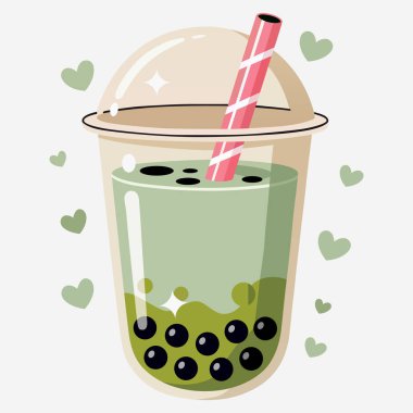 Tapyoka incileri ve kalp vektörlü kibrit balonlu çay illüstrasyonu