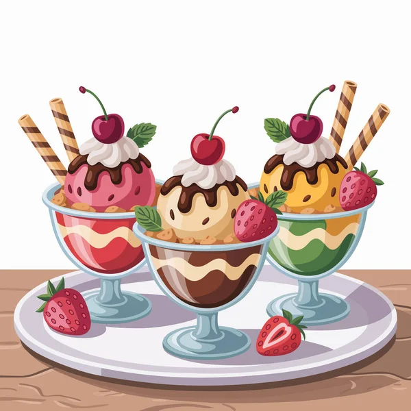 Beyaz tabak vektöründe meyveli dondurma, illüstrasyon.