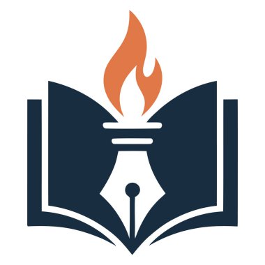 Alev ve kalemle açık bir kitabın sembolik bir temsili.