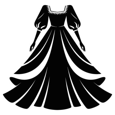 Kabarık kollu ve uzun etekli zarif siyah elbise.