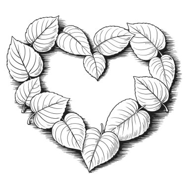 Detaylı botanik yaprak çizimlerinden oluşan bir kalp şekli.