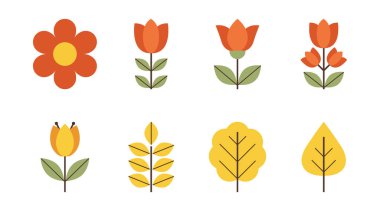 Retro grafik koleksiyonu. Farklı bitkiler ve çiçekler. Soyut sonbahar bitkisi. Minimalist doğal simgeler.