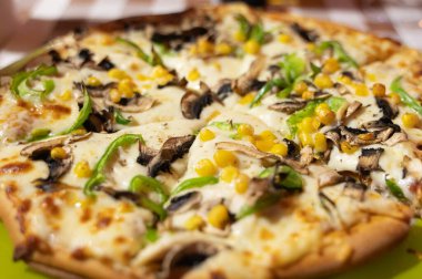 Peynirli vejetaryen pizza, sebzeli ve sebzeli sıcak peynirli turta fırında sebze ve yeşil tabakta otlu peynirli pizza.