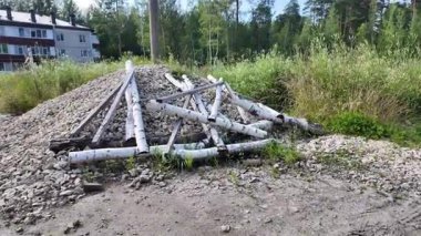 Kenar mahallelerdeki çakıl yığınlarında beyaz huş direkleri, peyzaj ve küçük inşaat için kullanılan solgun kütükler, kumlu çakıl tabanı, uzun boylu.