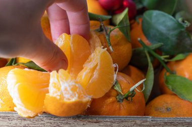 Mandalina segmentine uzanan yapraklı sandık, rustik ahşap kutu, canlı portakal meyveleri ve parlak saplar, açık hava hasat atmosferi, mevsimsel ürünler.