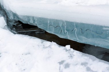 Kapalı mavi buzun altında doku, yarı şeffaf katmanlar kapana kısılmış hava çizgileri ve ince dalga desenleri ortaya çıkarıyor, ince erime kanalı karanlık su akışını açığa çıkarıyor.