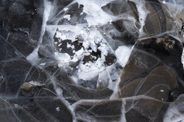 İzlanda donmuş göl buzu radyal çatlaklar ve mineral kaplamaları, kasvetli monokrom paleti narin buz kristalleri ve sıkışmış hava kabarcıkları makroyu ortaya çıkarıyor.