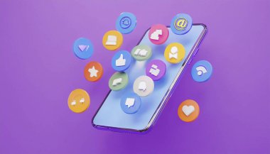 Turuncu arkaplanda sosyal ağ simgeleriyle akıllı telefonun 3 boyutlu görüntülenmesi