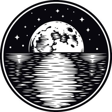 Parlak ay okyanusa uzun bir yansıma yapıyor. Yapay zeka üretildi. Vektör simgesi