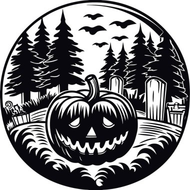 Gece Sisli Mezarlık 'ta parlayan Jack-O-Lantern. Yapay zeka üretildi. Vektör simgesi