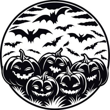 Yarasalar ve balkabaklarıyla mor cadılar bayramı geçmişi. Yapay zeka üretildi. Vektör simgesi