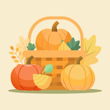 Kırsal Sepette Balkabaklarıyla Sonbahar Hareketsizliği. Yapay zeka üretildi. Vektör simgesi