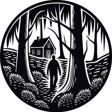 Ürkütücü bilinmeyen bir adam karanlık ormanda yürüyor. Yapay zeka üretildi. Vektör simgesi