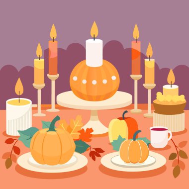 Balkabakları ve mumlarla Şükran Günü sofrası. Yapay zeka üretildi. Vektör simgesi