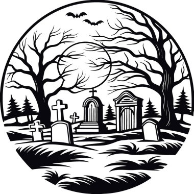 Dolunayın altındaki tüyler ürpertici mezarlık gece yarısı parlıyordu. Vektör simgesi