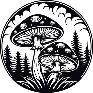 Geniş çaplı gizemli sihirli mantarlar. Fantezi mantarı. Yapay zeka üretildi. Vektör simgesi