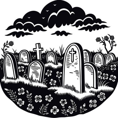 Mezarlıkta eski mezar taşları olan eski tarz mezarlık. Yapay zeka üretildi. Vektör simgesi