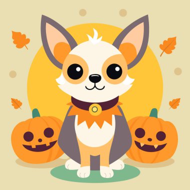 Turuncu Cadılar Bayramı kostümü içinde komik bir Chihuahua köpeği. Sevimli hayvan ve balkabakları. Yapay zeka üretildi. Vektör simgesi