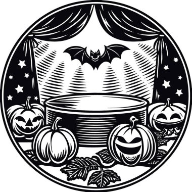 Stüdyo cadılar bayramı boş podyumu balkabağı sopasıyla vurdu ve oradan ayrıldı. Yapay zeka üretildi. Vektör simgesi