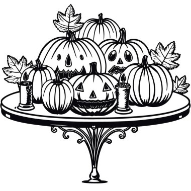 Mermer masada dekoratif balkabakları. Şükran Günü 'nde Al' ın yarattığı sonbahar süsü. Vektör simgesi