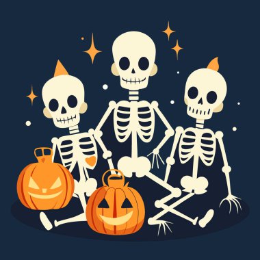 Üç iskelet yerde, balkabağı ve fenerlerin yanında duruyor. Yapay zeka üretildi. Vektör simgesi