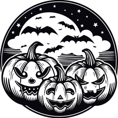 Karanlık gecelerde balkabağı yarasaları ve dolunay olan Cadılar Bayramı sahnesi. Yapay zeka üretildi. Vektör simgesi