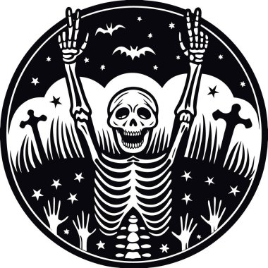 Ürkütücü iskelet zafer için elini kaldırdı. Siyah arka plan. Cadılar Bayramı. Yapay zeka üretildi. Vektör simgesi